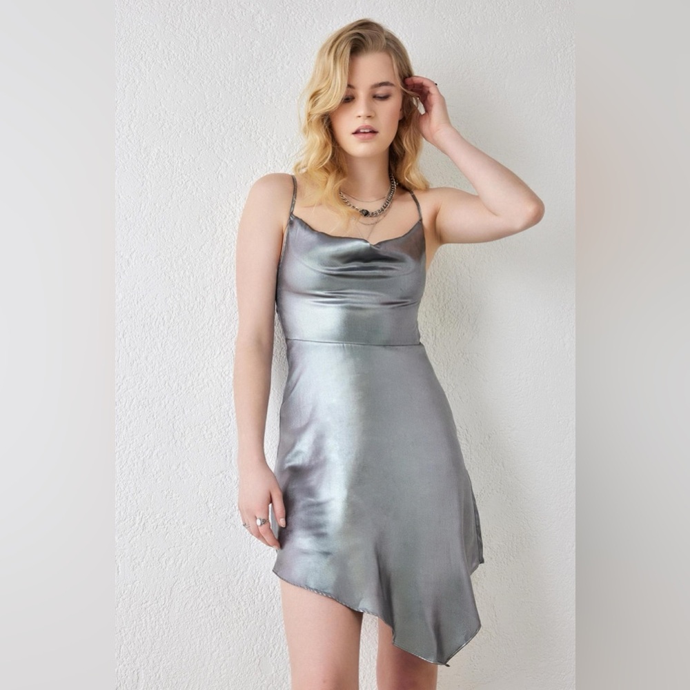NWOT Urban Outfitters Silver Shiny Satin Asymmetrical Mallory Mini Dress
